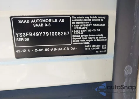 2009 Saab 9-3 2.0T from USA, damaged, VIN YS3FB49Y791006267